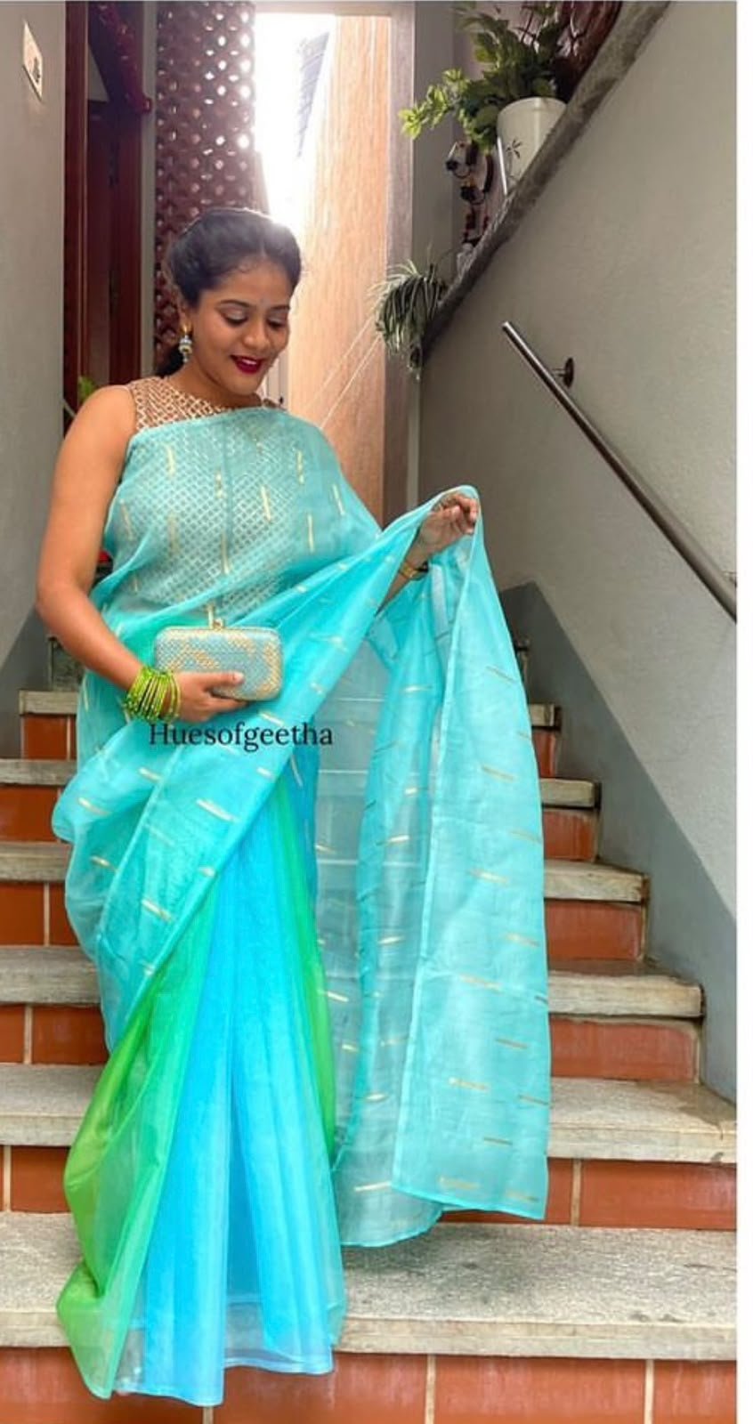 Aqua & Green Ombré Organza Saree