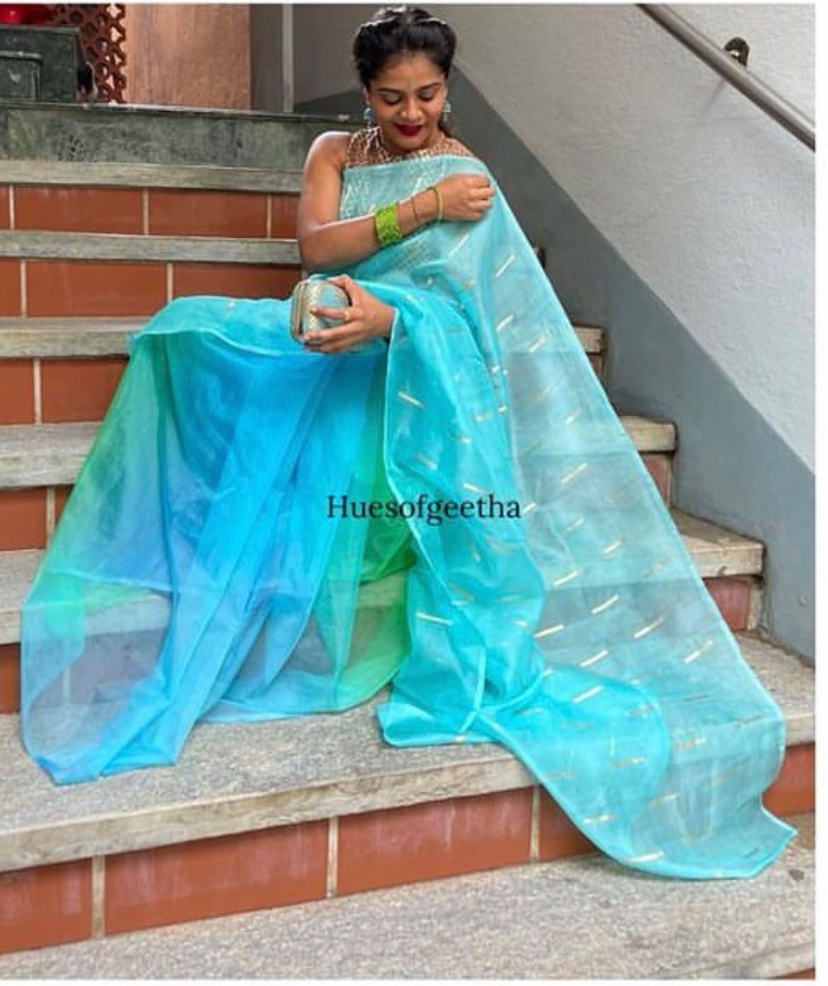 Aqua & Green Ombré Organza Saree