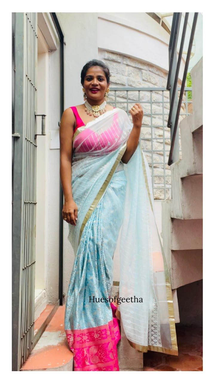 Ice Blue Saree with Pink Banarasi Border