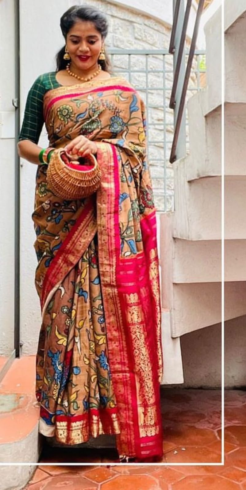 Kalamkari Saree with Red Zari Border
