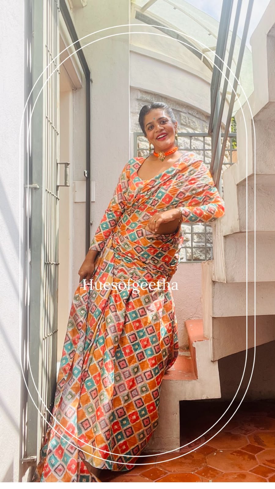 Orange Geometric Print Saree