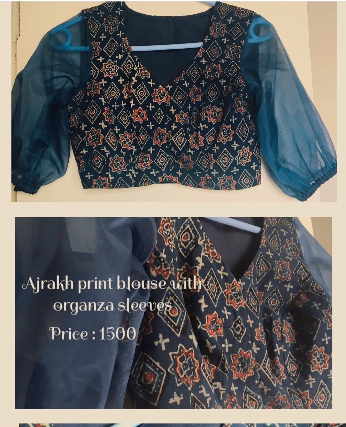 Ajrakh Print Blouse with Organza Sleeves