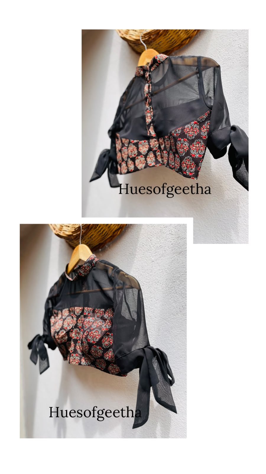 Black Organza Blouse with Floral Print & Tie Sleeves