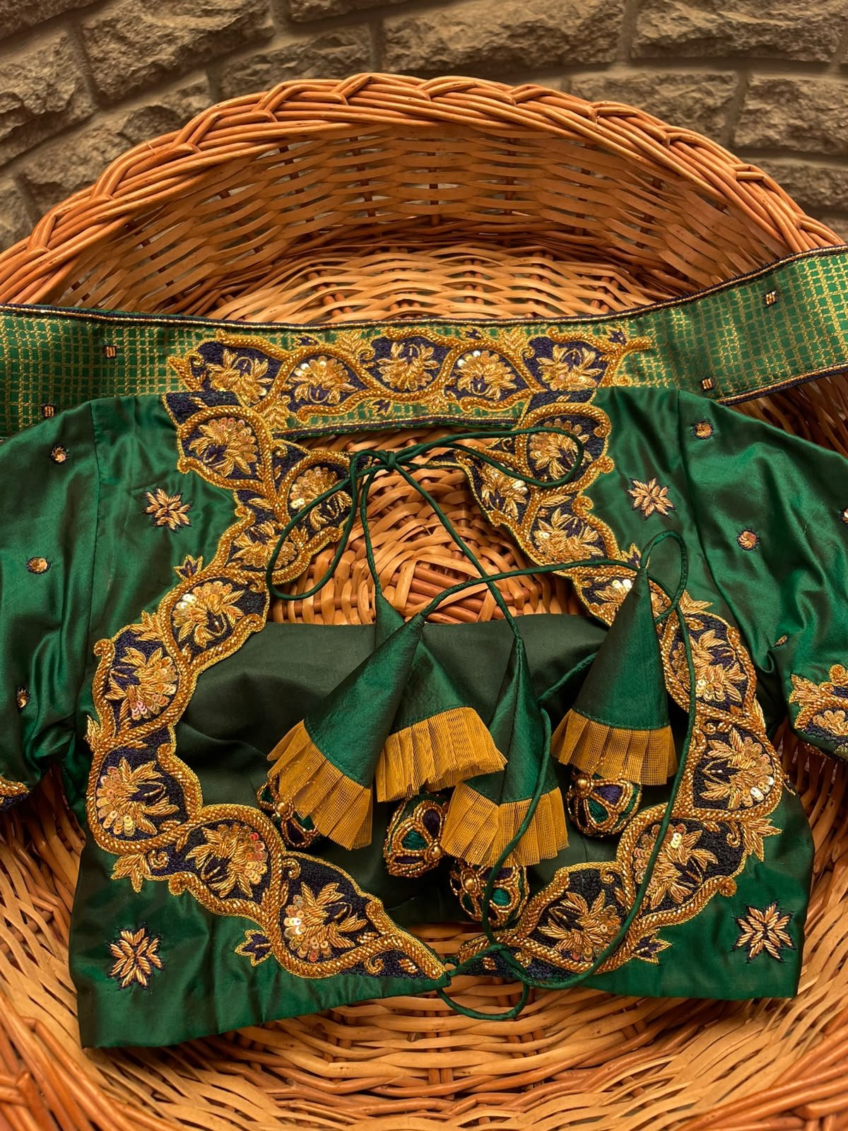 Green Maggam Blouse with Tassel Latkans