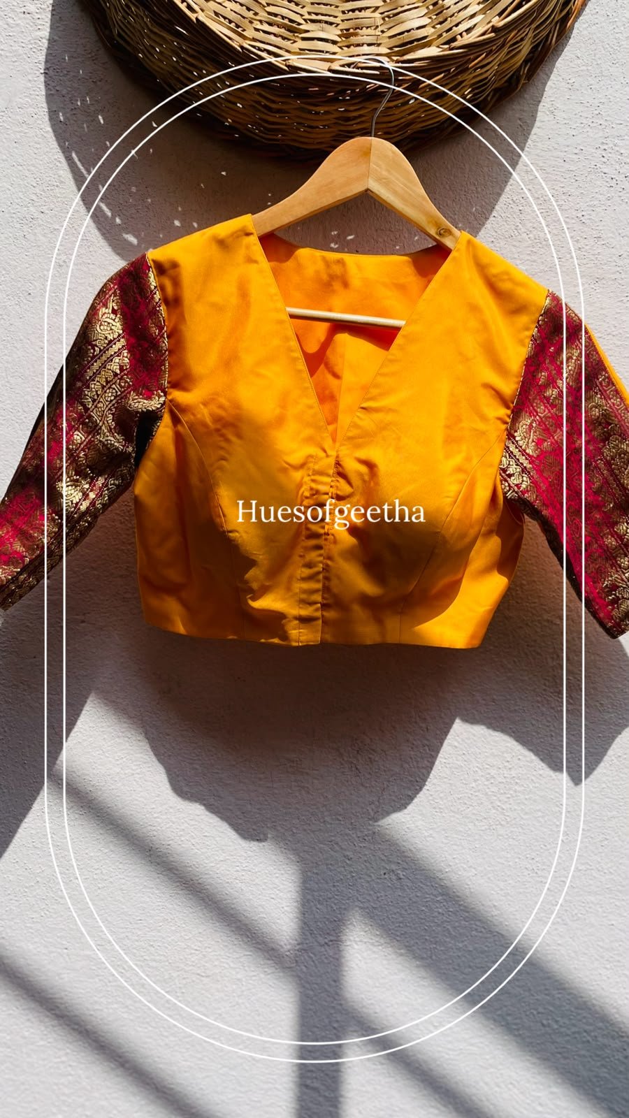 Mustard Blouse with Maroon Brocade Sleeves