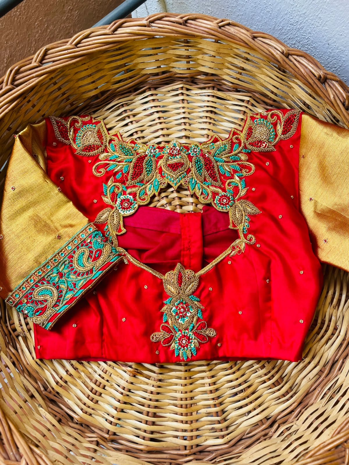 Red Maggam Blouse with Green Embroidery