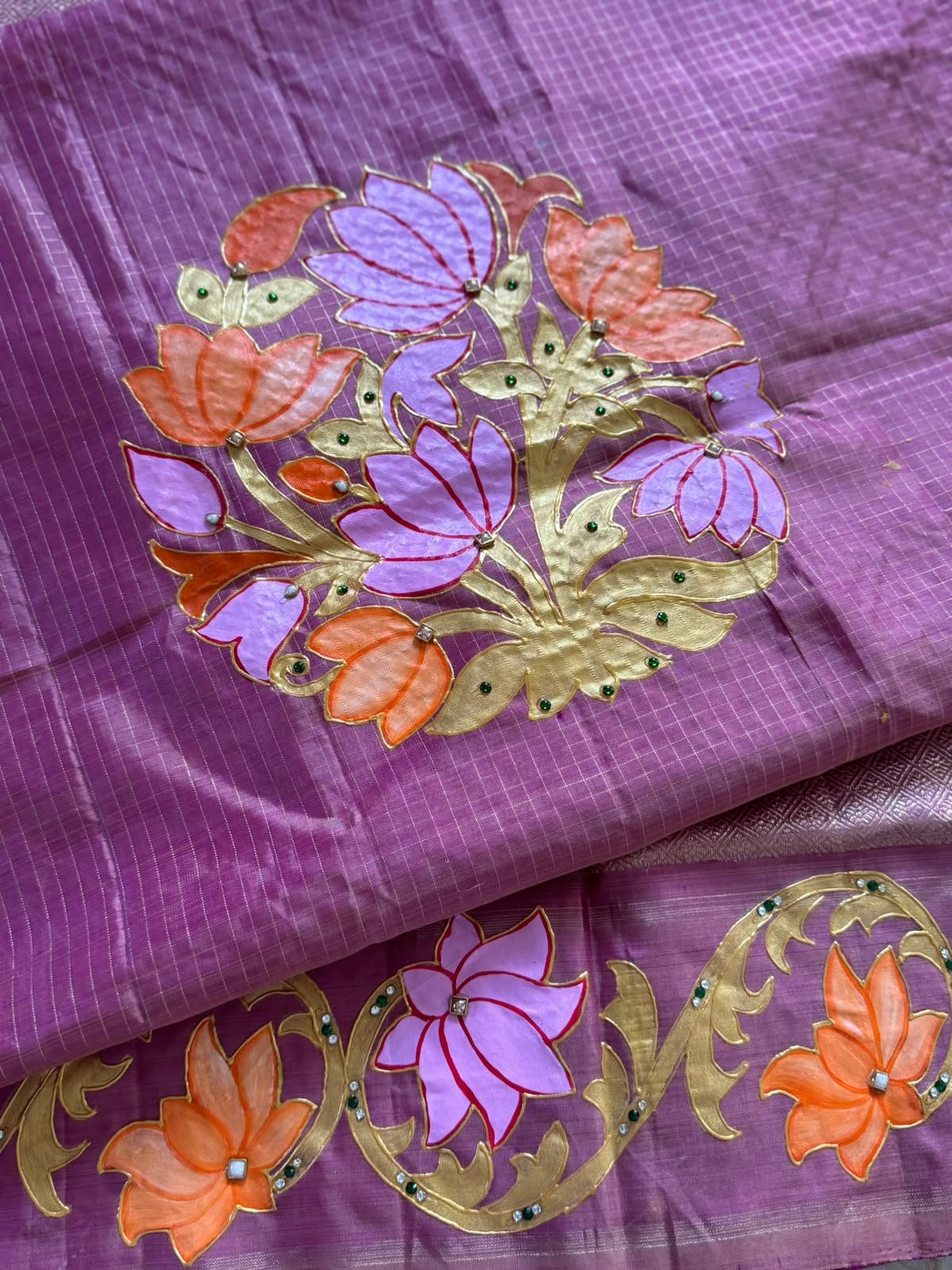 Lavender Lotus Tanjore Painted Saree