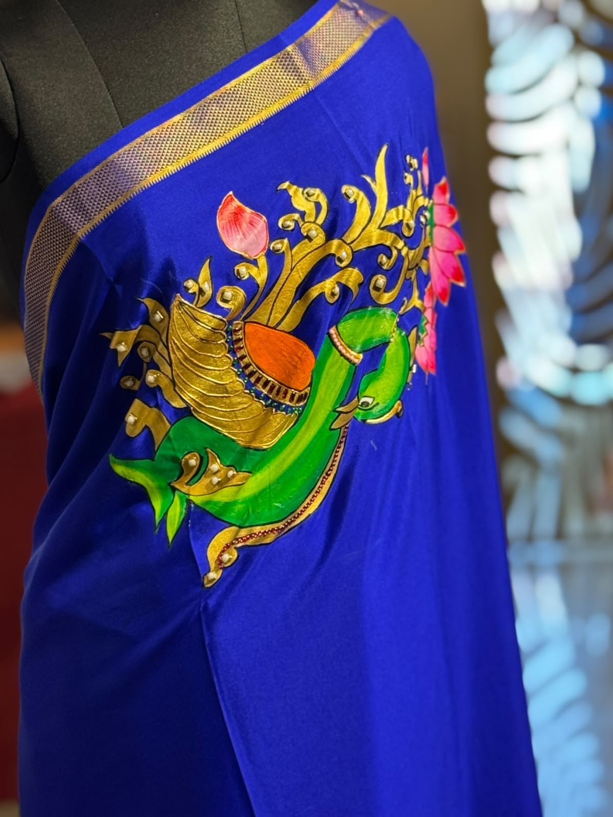 Royal Blue Peacock Tanjore Painted Saree