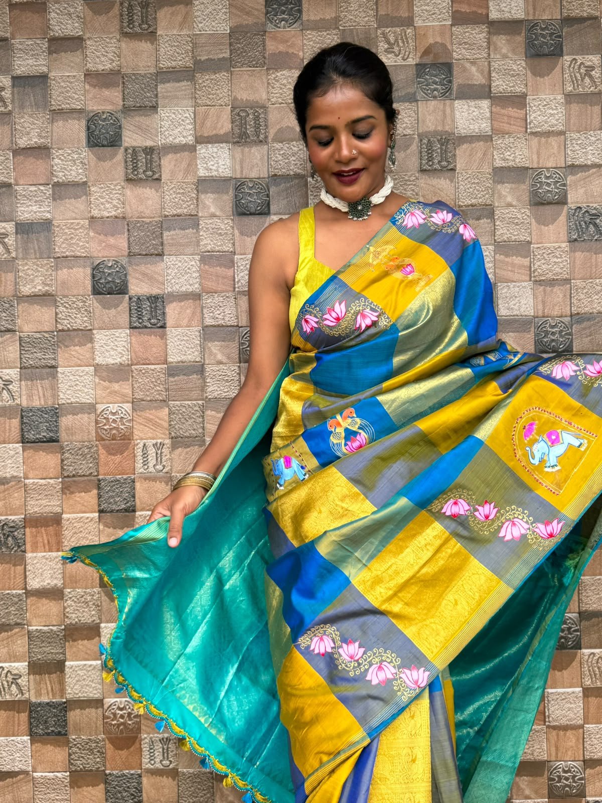 Yellow & Blue Tanjore Painted Saree